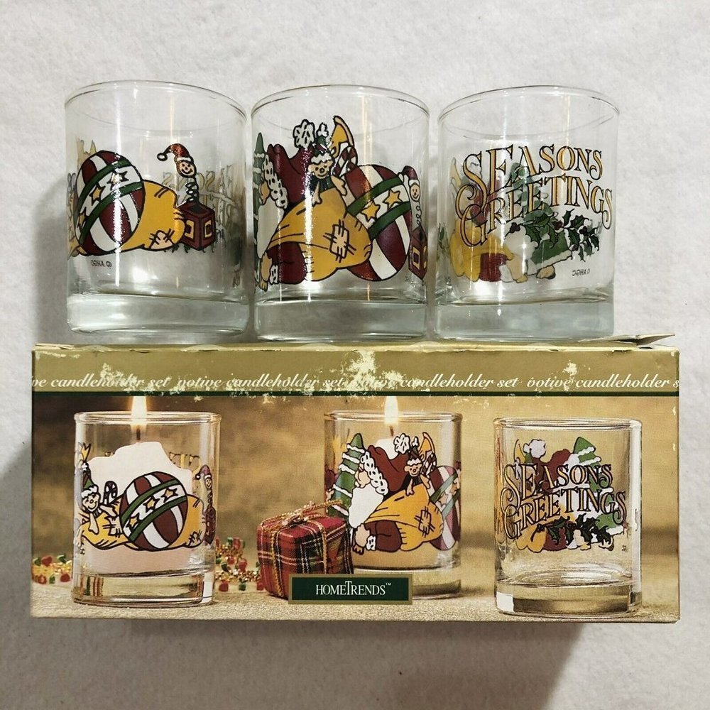 Vintage Anchor Hocking Christmas Glass Victorian Santa Votive Candle Holder Set